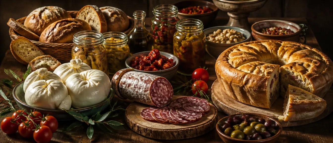 Tavolata di specialità campane: pani, sott'oli, salumi, mozzarella e casatiello